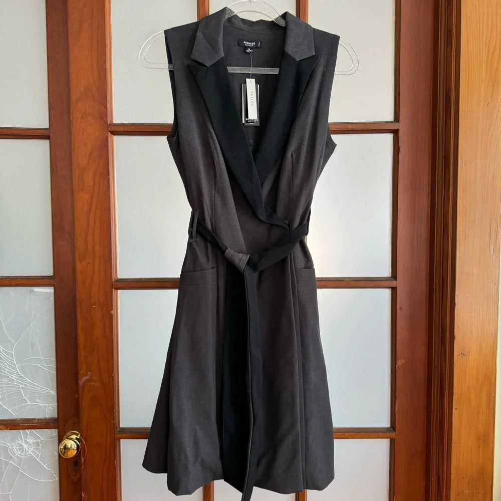 PREMISE ELEGANT A-LINE DRESS. WRAP STYLE ZIPPER UNDERNEATH THE WRAP FLAP BELT - Picture 1 of 16